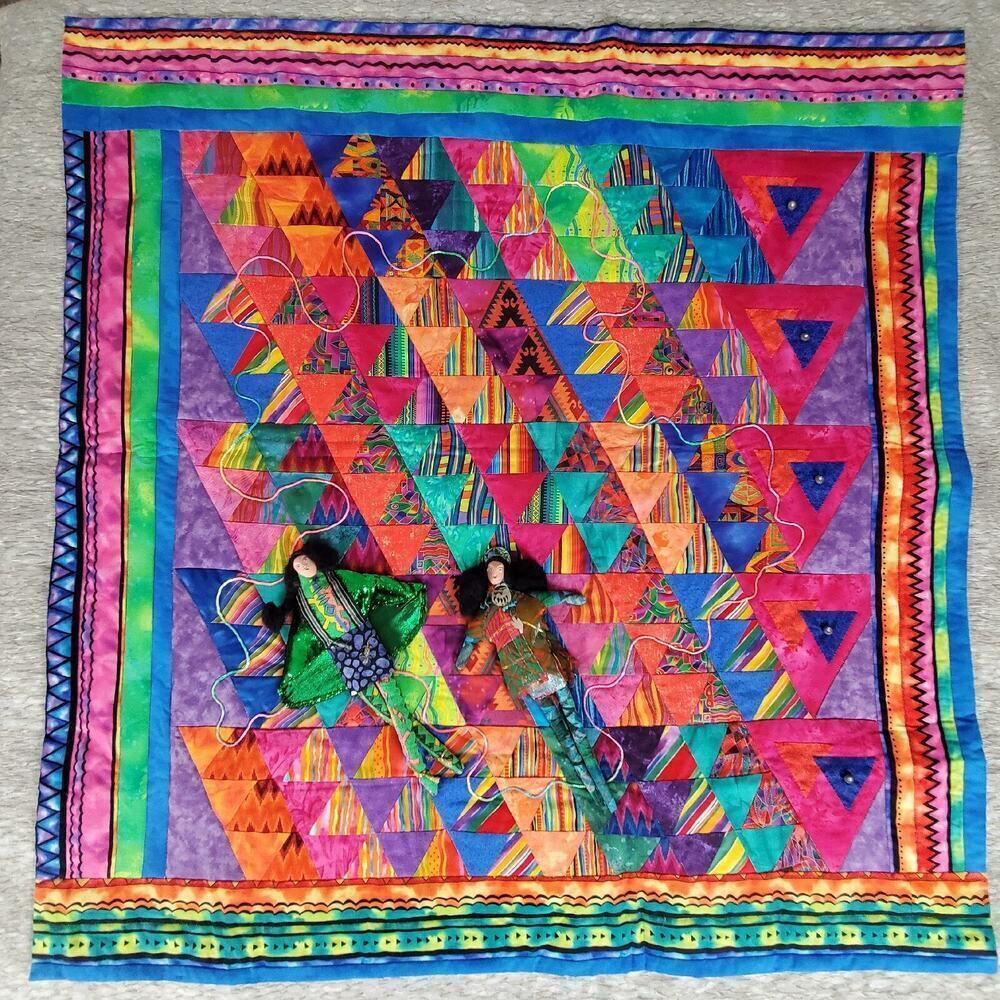 Beautiful Quilted Art 44" x 46" Wall Hanging signed by Artist - Fiesta Frolic